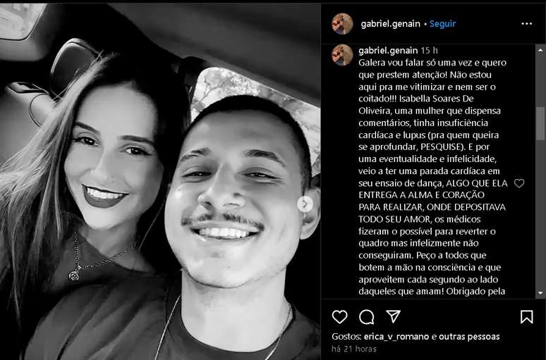 Publicação do namorado da bailarina (Reprodução/Instagram)