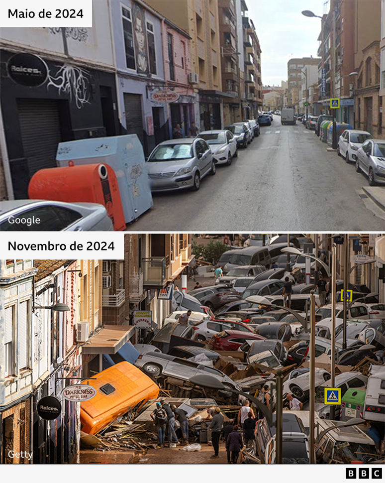 Uma rua em Valência em maio de 2024, e a mesma rua em novembro de 2024 coberta por carros destruídos amontoados