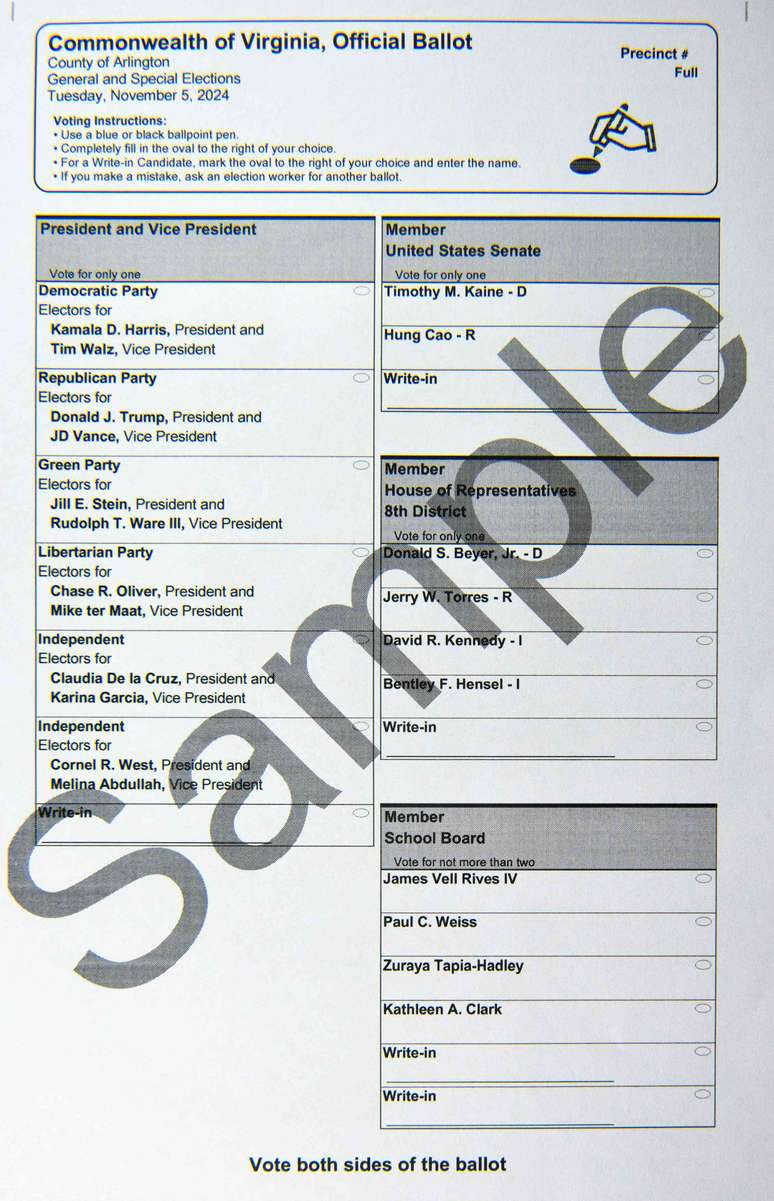 Modelo de cédula presidencial do condado de Arlington, no estado da Virgínia, mostrando que os eleitores selecionarão os eleitores, não o candidato diretamente. Arlington County Electoral Board