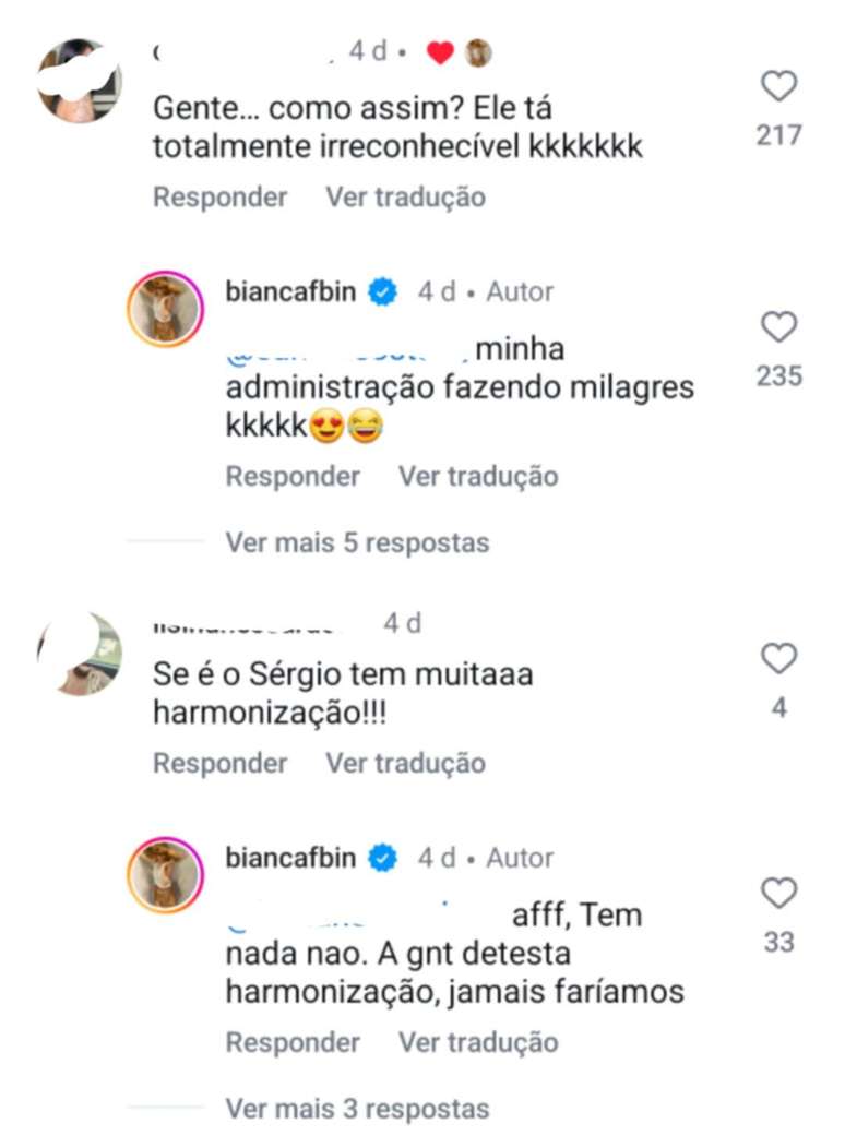 Bianca Bin rebate cr&iacute;ticas sobre apar&ecirc;ncia de S&eacute;rgio Guiz&eacute;