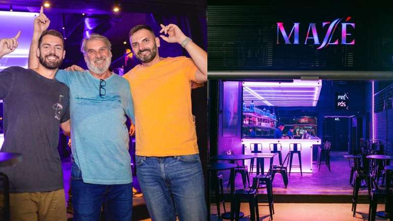 Matheus Costa, o irmão e o pai em frente ao Mazé, bar conceitual em Copacabana, no Rio de Janeiro.