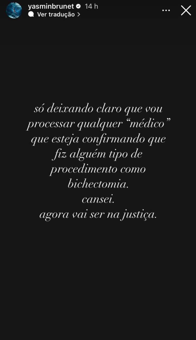 Yasmin Brunet afirma que processará médios que dizem que ela realizou procedimentos estéticos