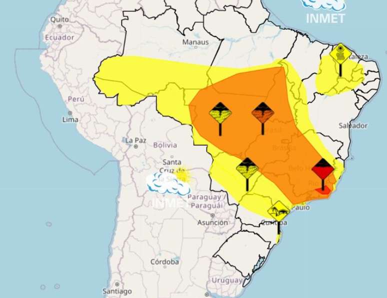 Inmet atualiza Estados com previsão de ventos de até 100 km/h.