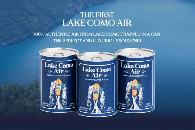 Anúncio das latas que, segundo a empresa, tem ar fresco do Lago Como, na Itália