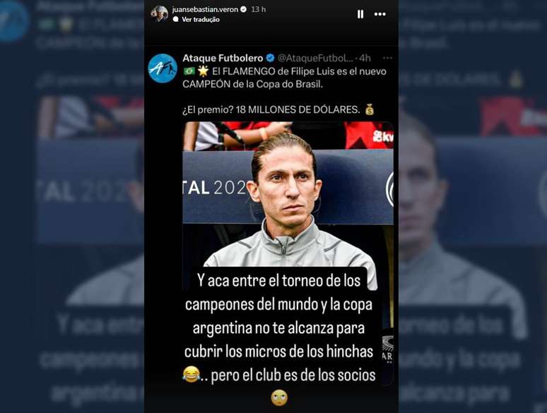 Juan Ver&oacute;n ironiza AFA ap&oacute;s premia&ccedil;&atilde;o cedida pela CBF ao Flamengo &ndash;