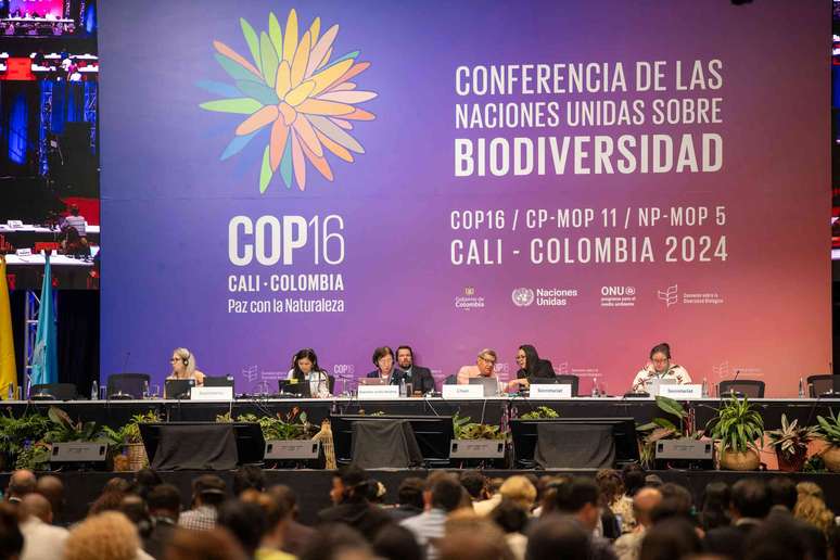 painel de palestrantes sentado &agrave; mesa, tel&atilde;o ao fundo anunciando a COP 16 em espanhol
