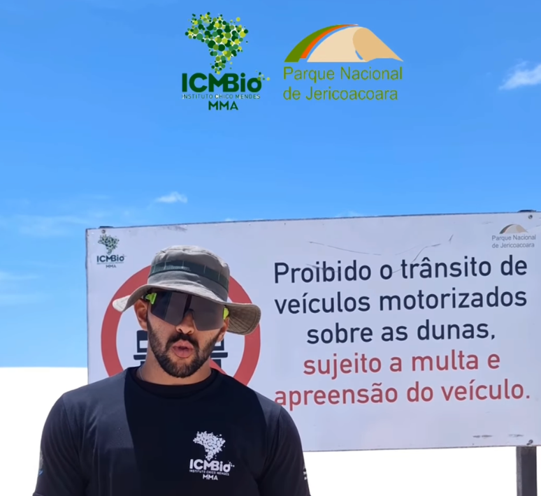 V&iacute;deos nas p&aacute;ginas do ICMBio e placas no local orientam sobre a proibi&ccedil;&atilde;o de ve&iacute;culos motorizados sobre as dunas