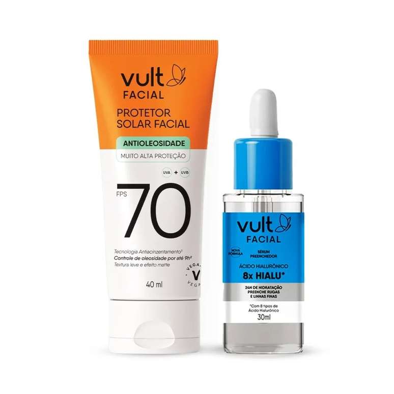 Protetor Solar Facial FPS 70 + S&eacute;rum Preenchedor &Aacute;cido Hialur&ocirc;nico, da Vult Cosm&eacute;ticos