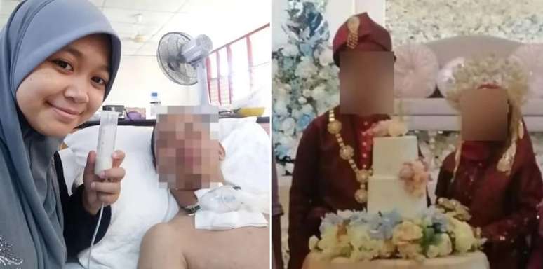 Nurul Syazwani cuidando do ex-marido; ao lado, o homem casando com a nova esposa
