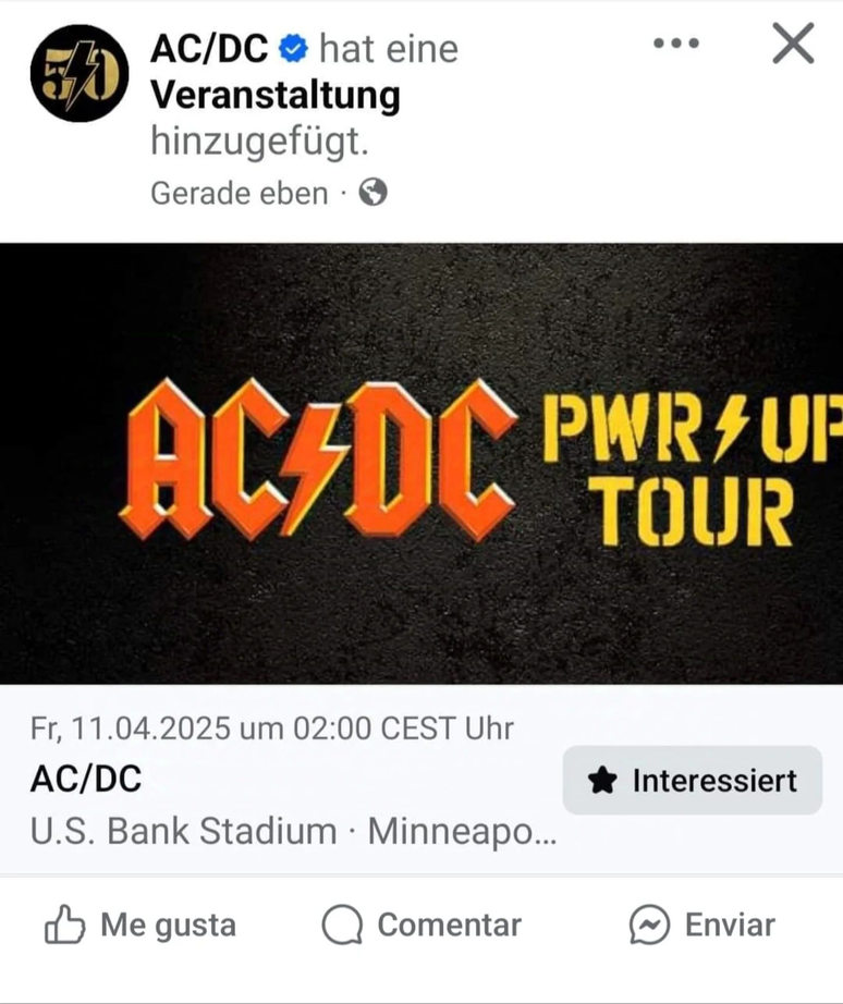 Anúncio feito na página oficial do AC/DC no Facebook e apagado logo em seguida 