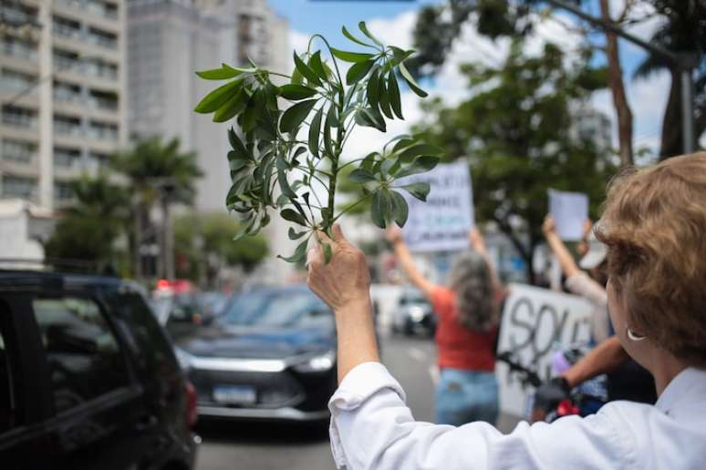 Manifestantes contrários à obra fazem protesto na Rua Sena Madureira.