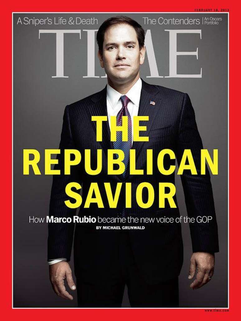 Marco Rubio na capa da revista Time em 2013, com título 'O salvador republicano'