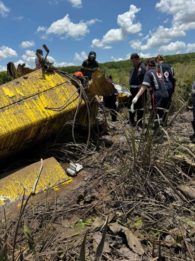 Avião agrícola ficou destruído após cair em um brejo, no município de Fernandópolis; o piloto morreu.