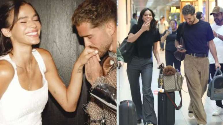 Bruna Marquezine e João Guilherme embarcaram no aeroporto do Rio de Janeiro com seus pets; confira valor da bolsa de luxo