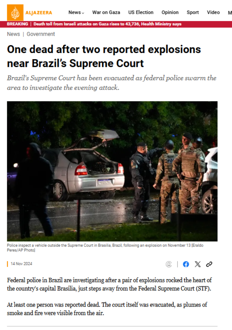 Veja como a Al Jazeera noticiou as explosões em Brasília