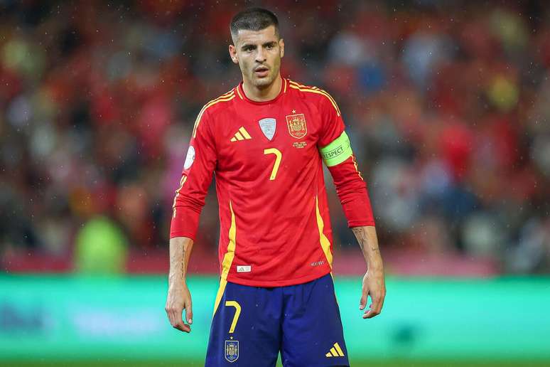 &Aacute;lvaro Morata (Espanha) durante jogo contra a S&eacute;rvia, no dia 15.10.2024
