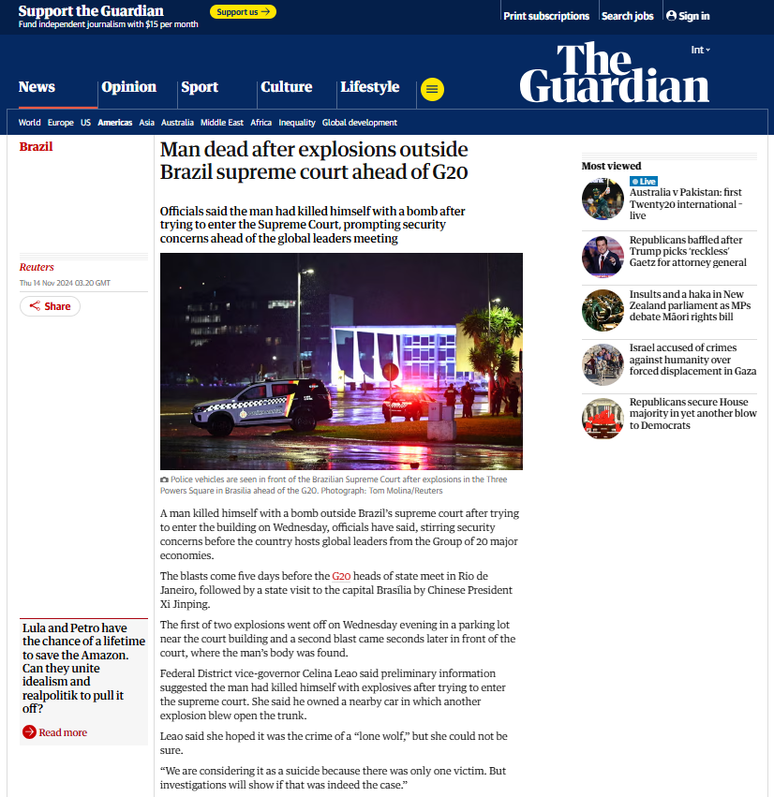 Veja como o The Guardian noticiou as explosões em Brasília