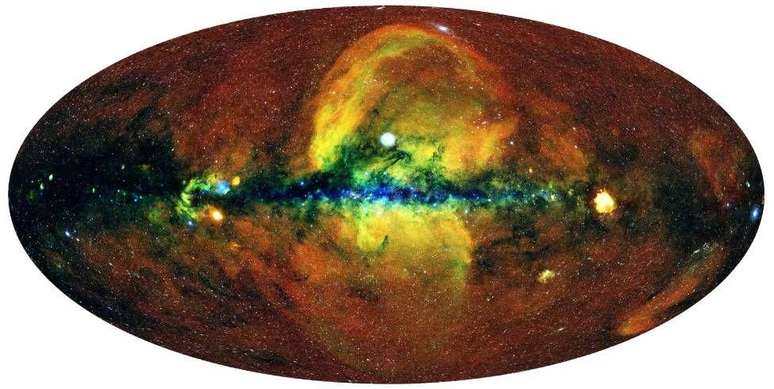 Mapa do céu feito com dados do eROSITA. As diferentes cores representam diferentes níveis de energia. A estrutura esverdeada em forma de ampulheta no meio, que se estende quase até a parte superior e inferior da imagem, são as bolhas eROSITA. Predehl et al. 2020