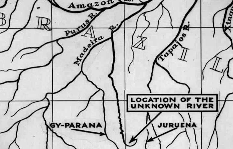 Mapa de Roosevelt com localização do Rio da Dúvida, rebatizado para Rio Roosevelt