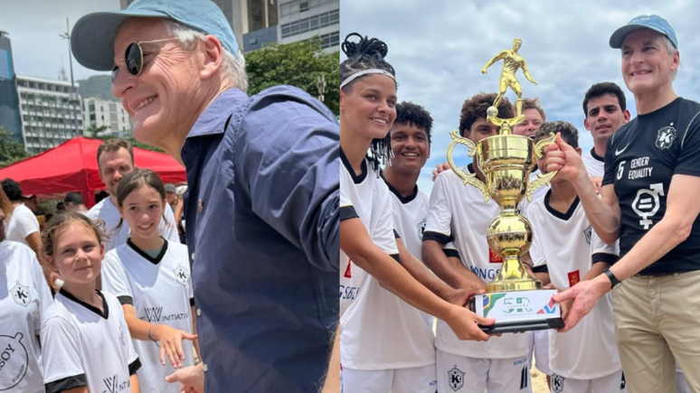 Primeiro-ministro acompanhou de perto partida de futebol entre crianças na Praia de Copacabana