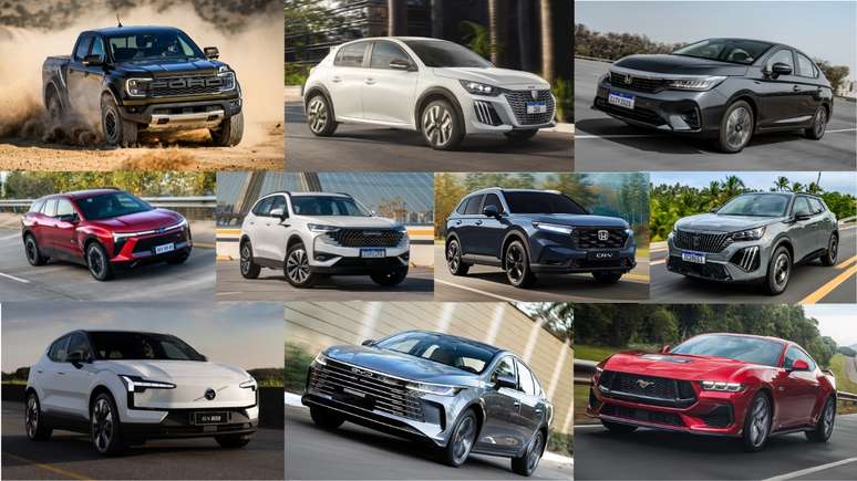 10 campeões do Prêmio Trend Car 2025: Ford Ranger, Peugeot 208, Honda City, Chevrolet Blazer, GWM Haval H6, Peugeot 2008, Honda CR-V, Volvo EX30, BYD King e Ford Mustang