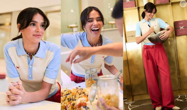 Bruna Marquezine monta look tricolor comfy para 'publi' com Cedric Grolet; atriz &eacute; 1&ordf; brasileira a gravar com confeiteiro famoso.