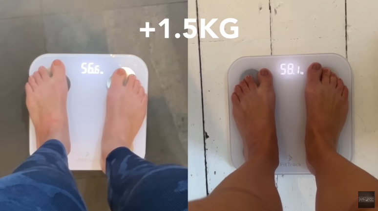 Durante o experimento, Sarah viu seu peso subir de 56,6 kg para 58,1 kg. 