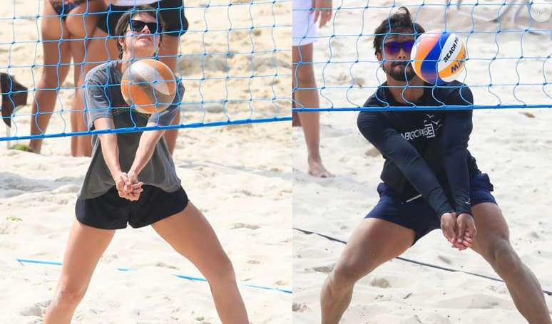 Nesta manhã, Agatha Moreira e Rodrigo Simas treinaram futvôlei na praia da Barra da Tijuca.