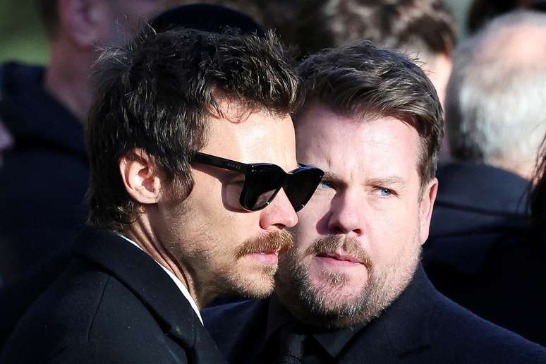     Harry Styles and actor and comedian James Corden leave after the funeral of former One Direction singer Liam Payne at St Mary's Church in Amersham, near London, Britain on November 20, 2024