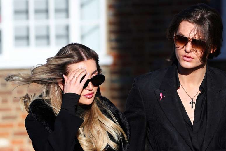 Actor and model Damian Hurley arrives with Kate Cassidy to attend the funeral of former One Direction singer Liam Payne at St Mary's Church in Amersham, near London, Britain on 20 November 2024