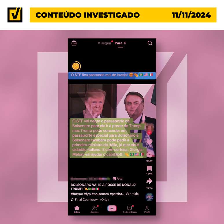 Notícia falsa sobre ida de Bolsonaro à posse de Trump foi postada no TikTok