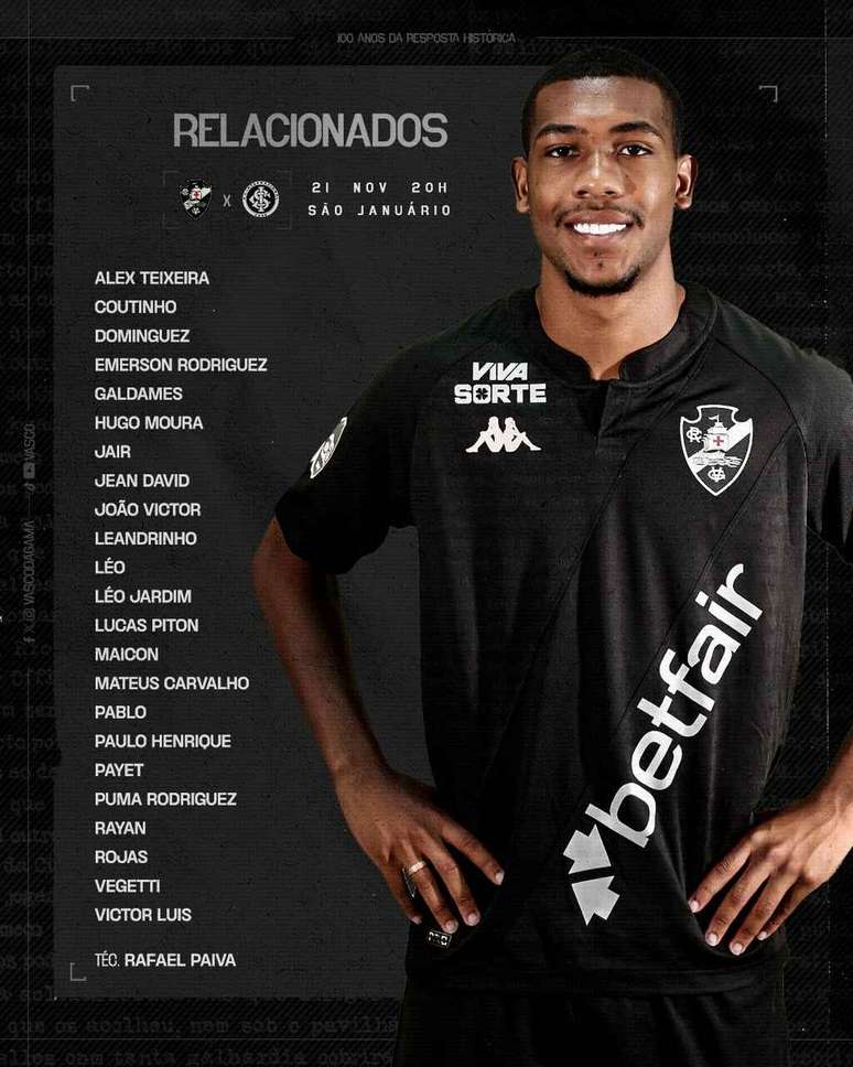 Lista dos relacionados do Vascão para enfrentar o Inter nesta quinta –