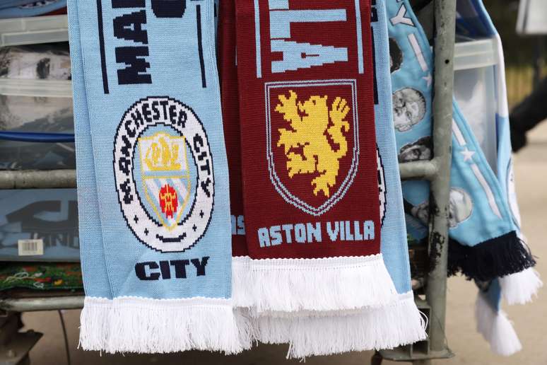 MANCHESTER, ENGLAND - FEBRUARY 12: Manchester City and Aston Villa scarves are seen prior to the Premier League match between Manchester City and Aston Villa at Etihad Stadium on February 12, 2023 in Manchester, England. (Photo by Clive Brunskill/Getty Images)