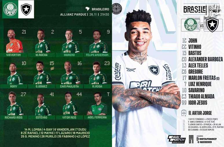 Escalações de Botafogo e Palmeiras para o jogo desta terça, pelo Brasileirão –