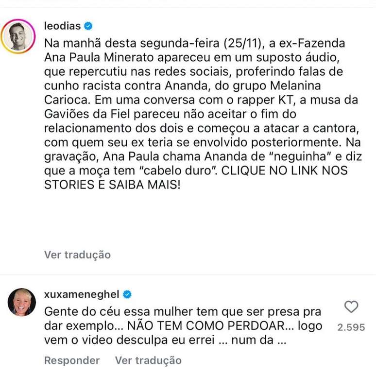 Xuxa comenta episódio de racismo de Ana Paula Minerato —