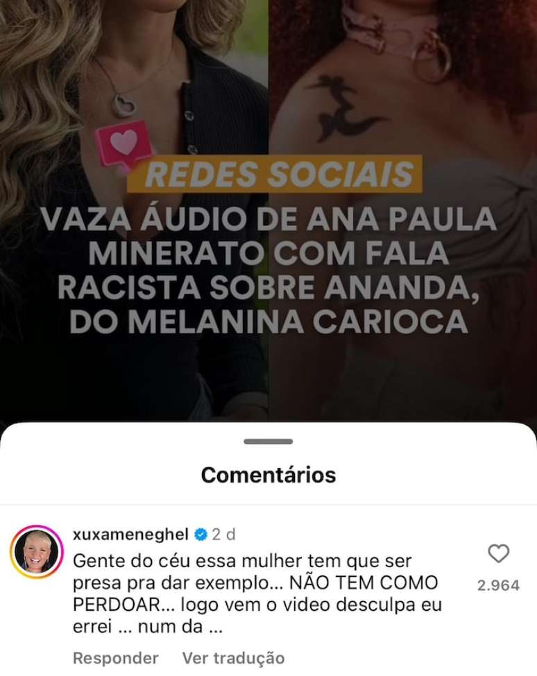 Xuxa comenta em post sobre falas de Ana Paula Minerato