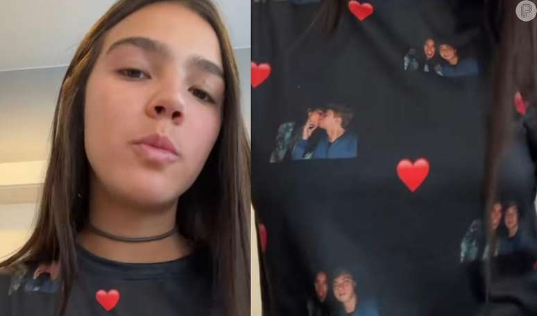 Love print! Duda Guerra personaliza blusa com fotos beijando Benício Huck e web reage: 'Eles são muito fofinhos'.