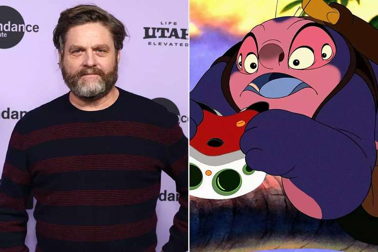 Zach Galifianakis attends the "Winner" Premiere during the 2024 Sundance Film Festival at The Ray on January 20, 2024 in Park City, Utah. ; Jumba Jookiba in 'Lilo and Stitch' (2002).