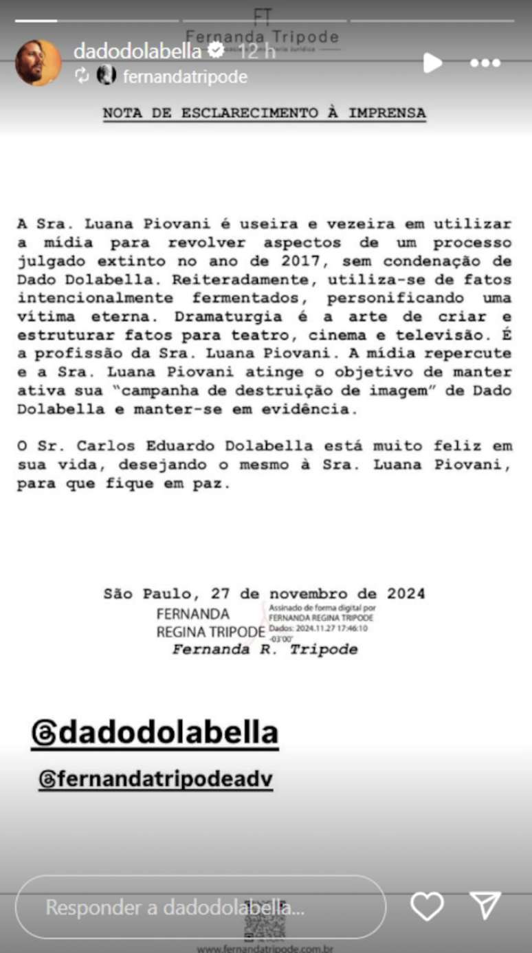 Dado Dolabella se pronuncia após Luana Piovani relembrar agressão.