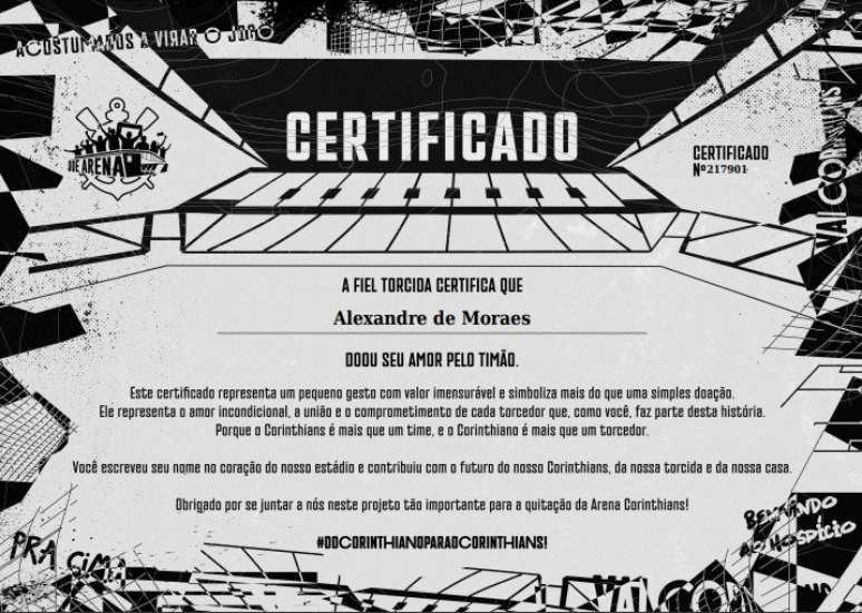 Certificado de doação do ministro Alexandre de Moraes para vaquinha do Corinthians.