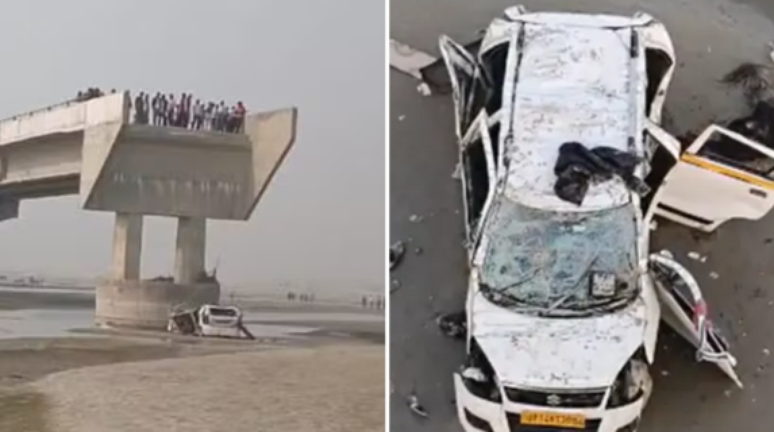 Carro cai quase 16 metros de ponte inacabada na Índia após navegador indicar caminho errado