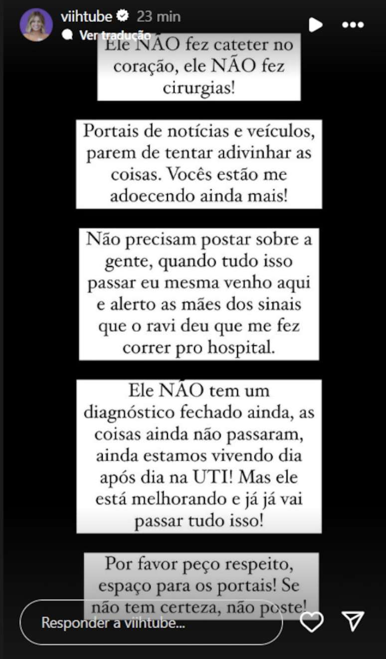 Viih Tube fala sobre estado de saúde do filho, Ravi.