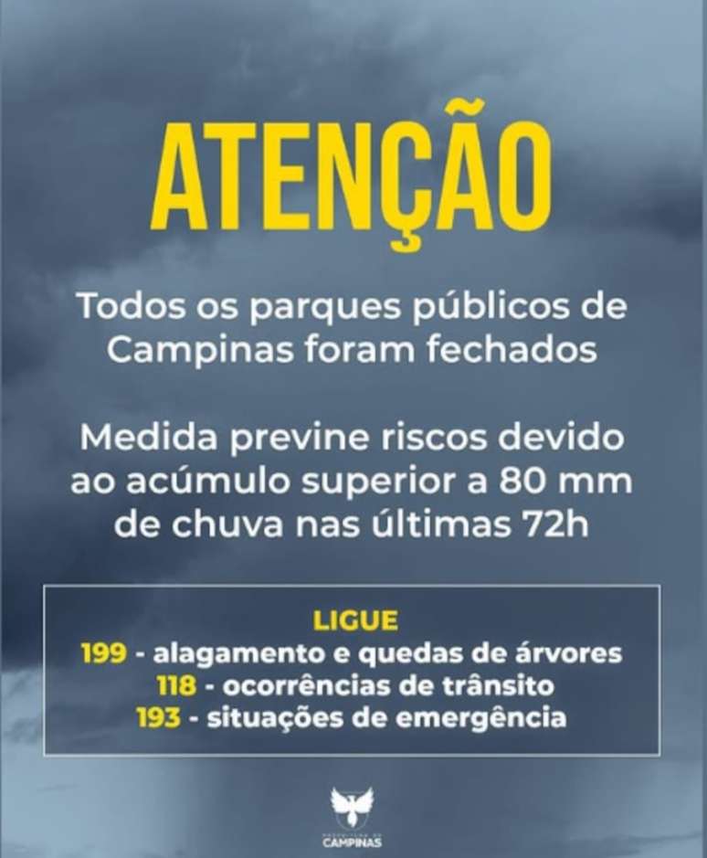 Campinas fechou parques na terça-feira, 3, em razão de acúmulo de chuva.