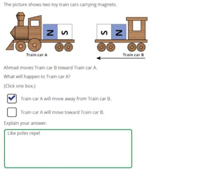 Quest&atilde;o de Ci&ecirc;ncia para o 4&ordm; ano, de n&iacute;vel avan&ccedil;ado: A figura mostra dois trens que est&atilde;o carregando im&atilde;s. Diz que uma crian&ccedil;a move o trem B em dire&ccedil;&atilde;o ao trem A e pergunta o que ocorre com o trem A? &Eacute; preciso ainda explicar a resposta correta, dizendo que ele move para longe do trem B porque polos iguais se repelem. 