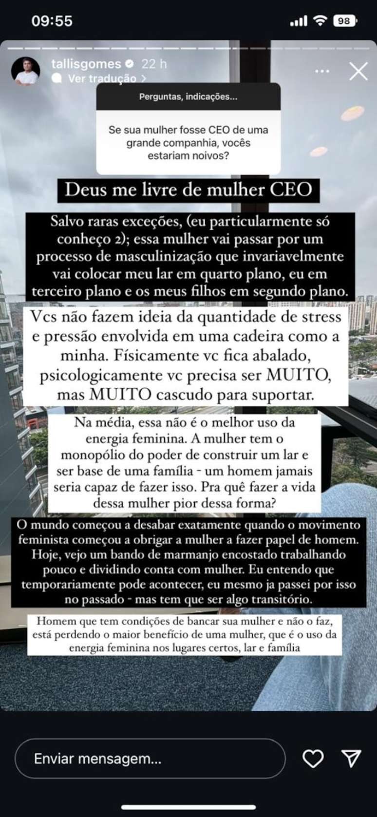 Publicação de Tallis Gomes, na qual ele disse 'Deus me livre de mulher CEO'; publicação de retratação foi feita no dia seguinte.