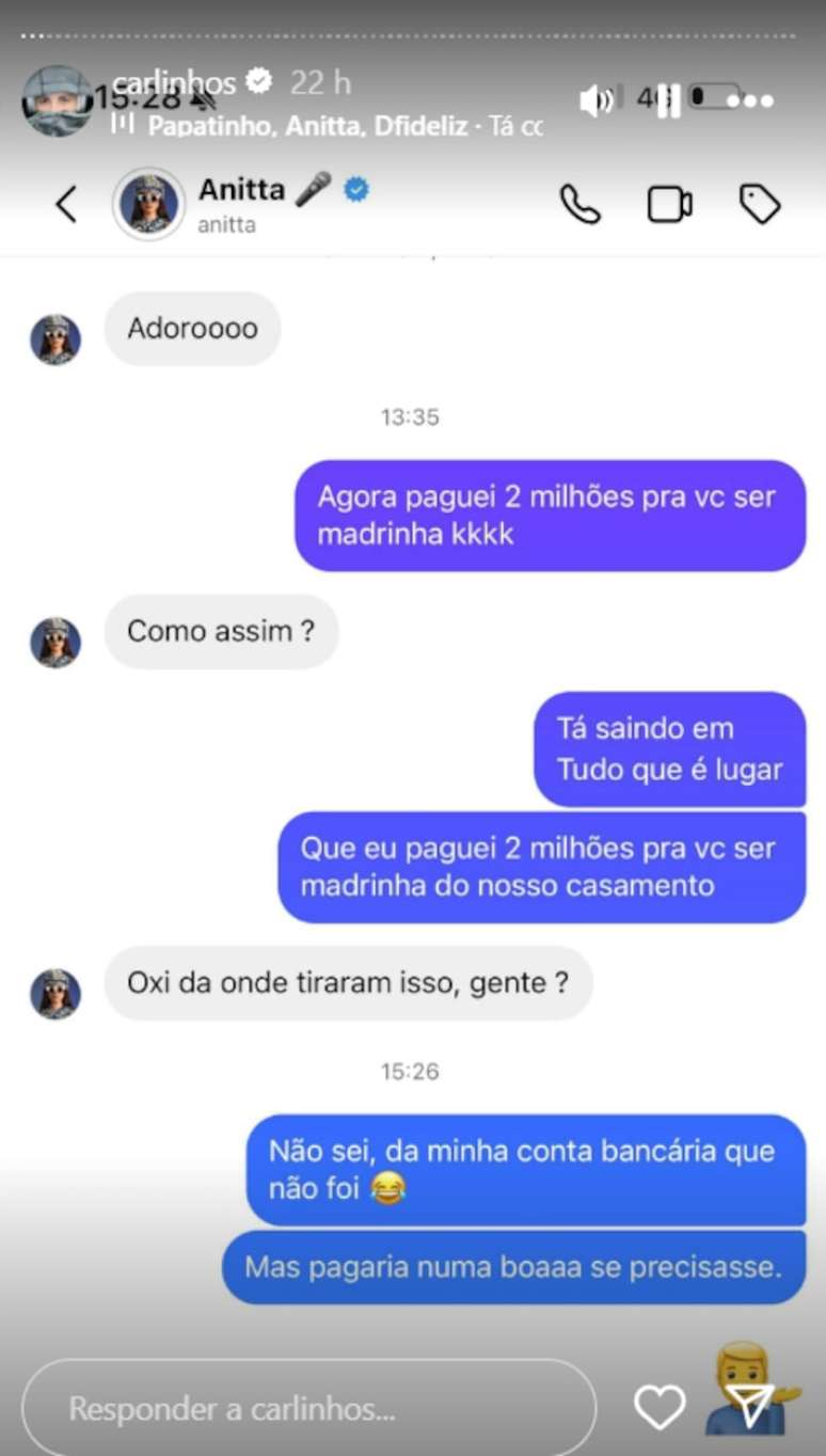 Print de conversa entre Carlinhos Maia e Anitta sobre boato de que influenciador teria pago R$ 2 milhões à cantora para ser sua madrinha de casamento em 2018; o registro foi divulgado pelo próprio Carlinhos Maia