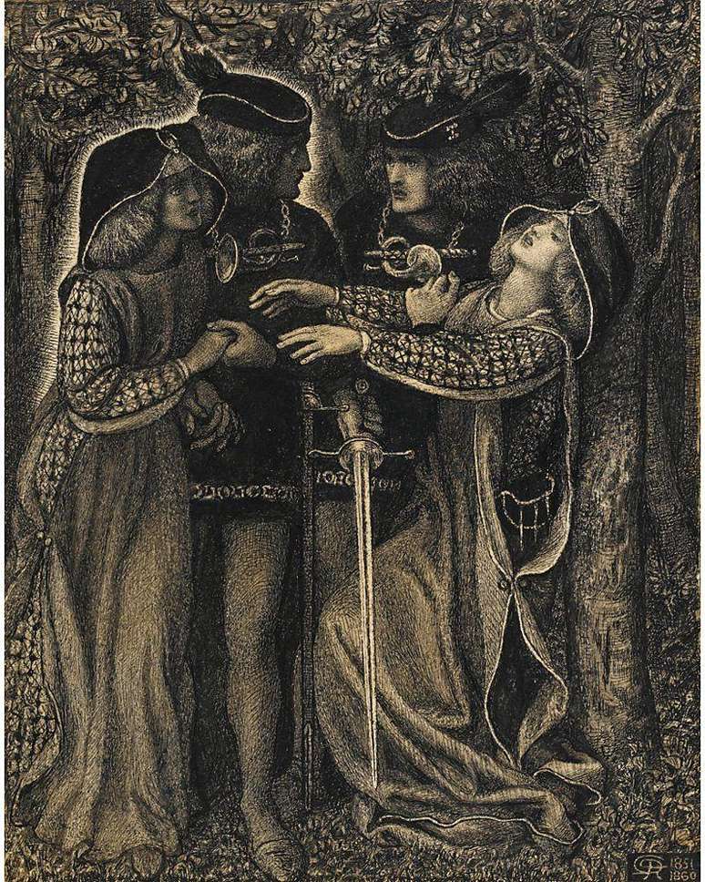 O quadro 'Como Eles se Conheceram', do pintor Dante Gabriel Rossetti, mostra um par de amantes que encontram seus s&oacute;sias em um bosque.