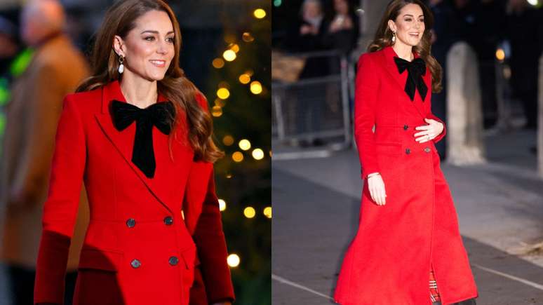 A princesa Kate Middleton com casaco vermelho