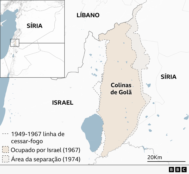 Mapa mostra a Síria do lado direito, as Colinas de Golã no meio e Israel do lado esquerdo. 