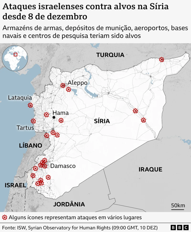 Mapa dos ataques aéreos israelenses na Síria desde 8 de dezembro